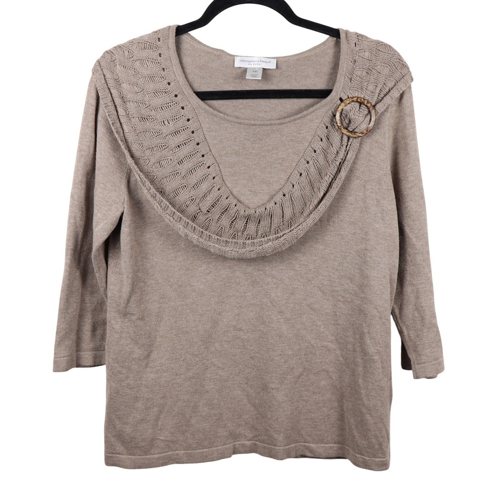 Christopher & Banks Petite Knit Sweater Top Built-in Draped Neckline Brown P/Med